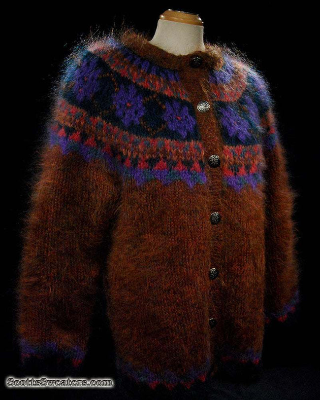 Colorful woman's mohair cardigan sweater with metal buttons and Icelandic design pattern