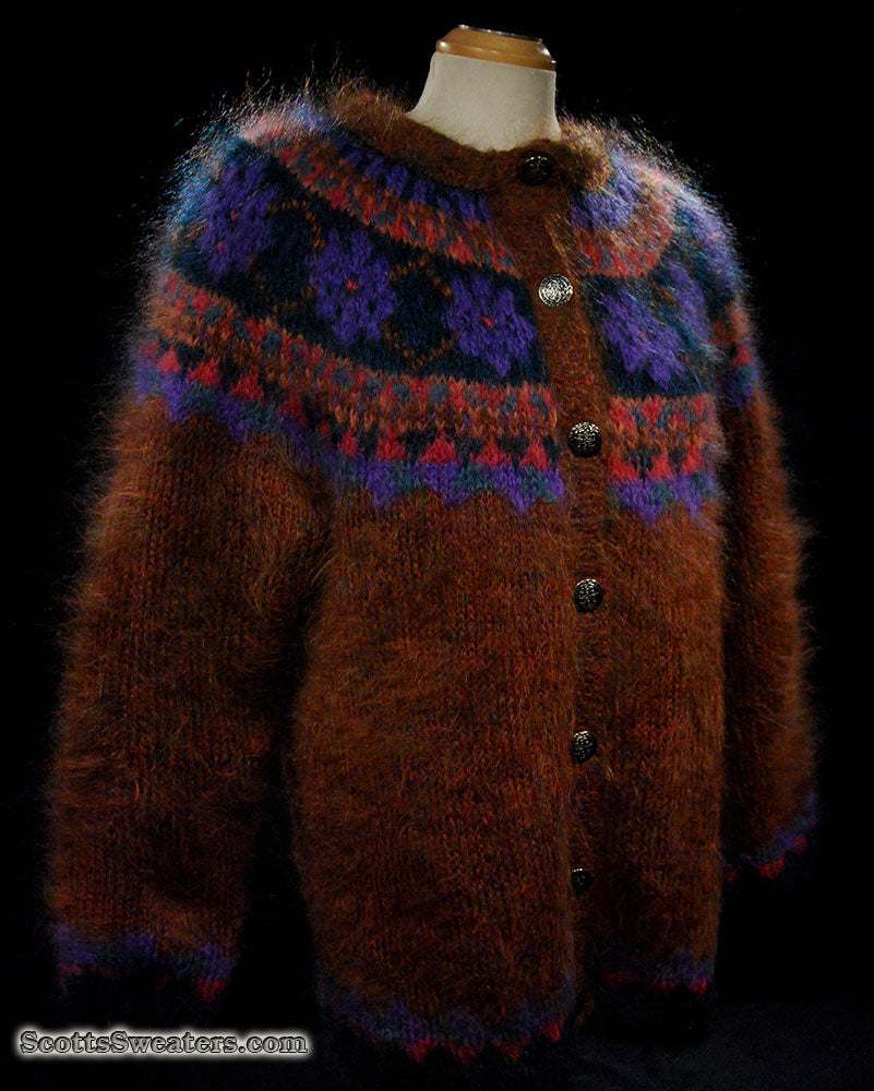 Colorful woman's mohair cardigan sweater with metal buttons and Icelandic design pattern