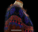 Colorful woman's mohair cardigan sweater by Icelandic design with vibrant pattern and metal buttons