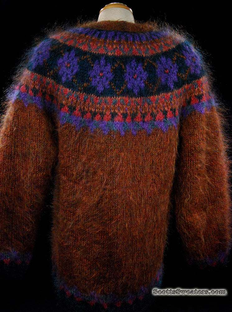 Colorful woman's mohair cardigan sweater with Icelandic design and metal buttons