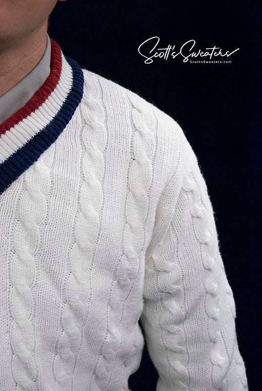 Men's retro cable-knit V-neck pullover tennis sweater in size small, 100% acrylic, pre-owned