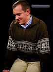 Golden-brown men's alpaca zipper polo-neck sweater with white Aztec design and front pocket, size medium