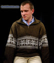 Golden-brown men's alpaca zipper polo-neck sweater with white Aztec design and hand warmer pocket medium size