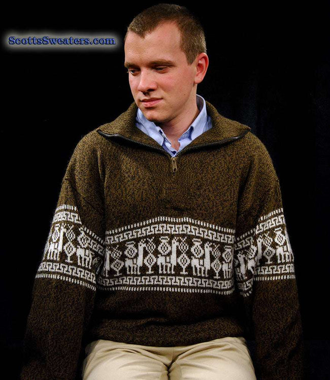 Golden-brown men's alpaca zipper polo-neck sweater with white Aztec design and hand warmer pocket medium size