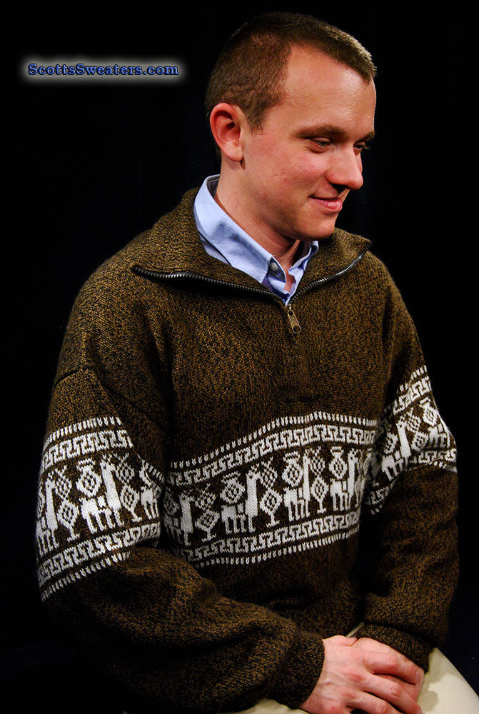 Herren-Rollkragenpullover aus Alpaka mit Reißverschluss und Azteken-Design