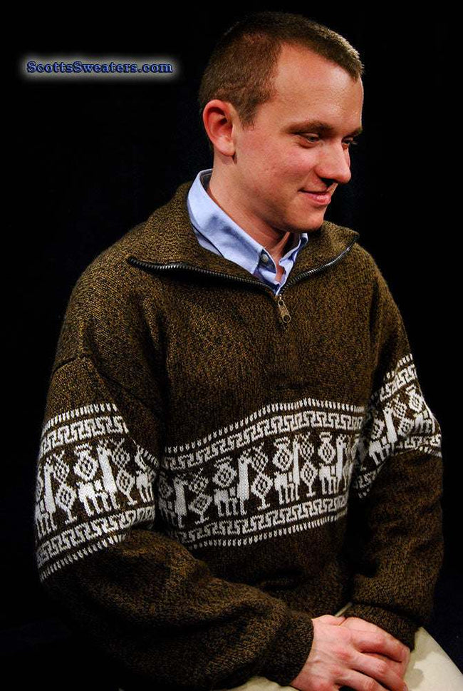 Golden-brown men's alpaca zipper polo-neck sweater with white Aztec design and front pocket, medium size