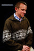 Golden-brown men's alpaca zipper polo-neck sweater with white Aztec design and front pocket, medium size