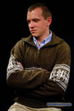 Golden-brown medium men's alpaca zipper polo-neck sweater with white Aztec design and front pocket