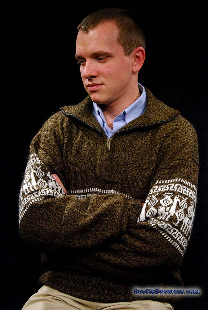 Golden-brown medium men's alpaca zipper polo-neck sweater with white Aztec design and front pocket