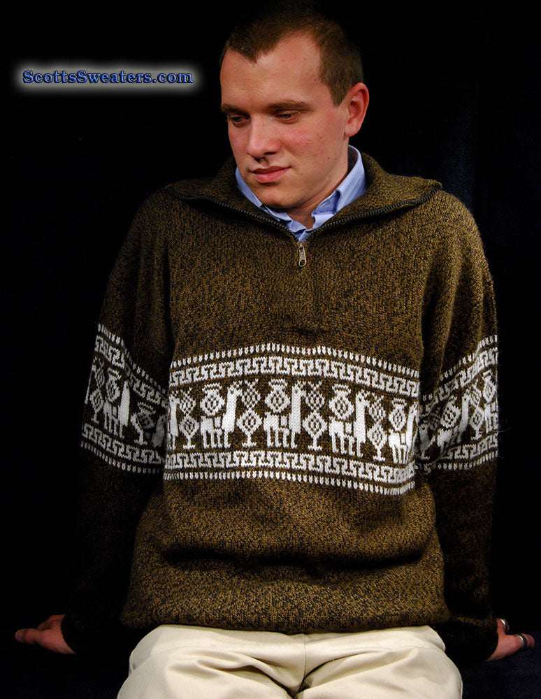 Herren-Rollkragenpullover aus Alpaka mit Reißverschluss und Azteken-Design