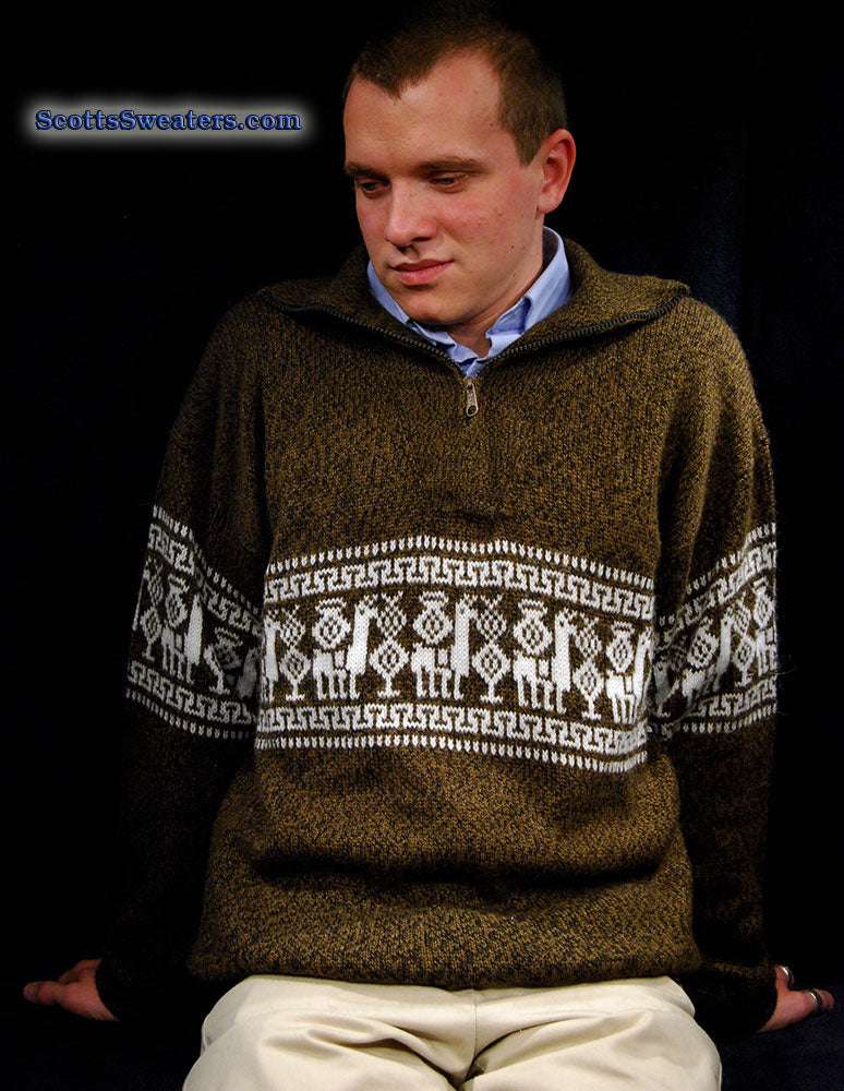 Golden-brown men's alpaca zipper polo-neck sweater with white Aztec design and front pocket
