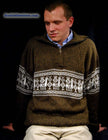 Golden-brown men's alpaca zipper polo-neck sweater with white Aztec design and front pocket