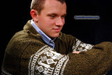Men's golden-brown alpaca zipper polo-neck sweater with white Aztec design and front pocket Medium 44