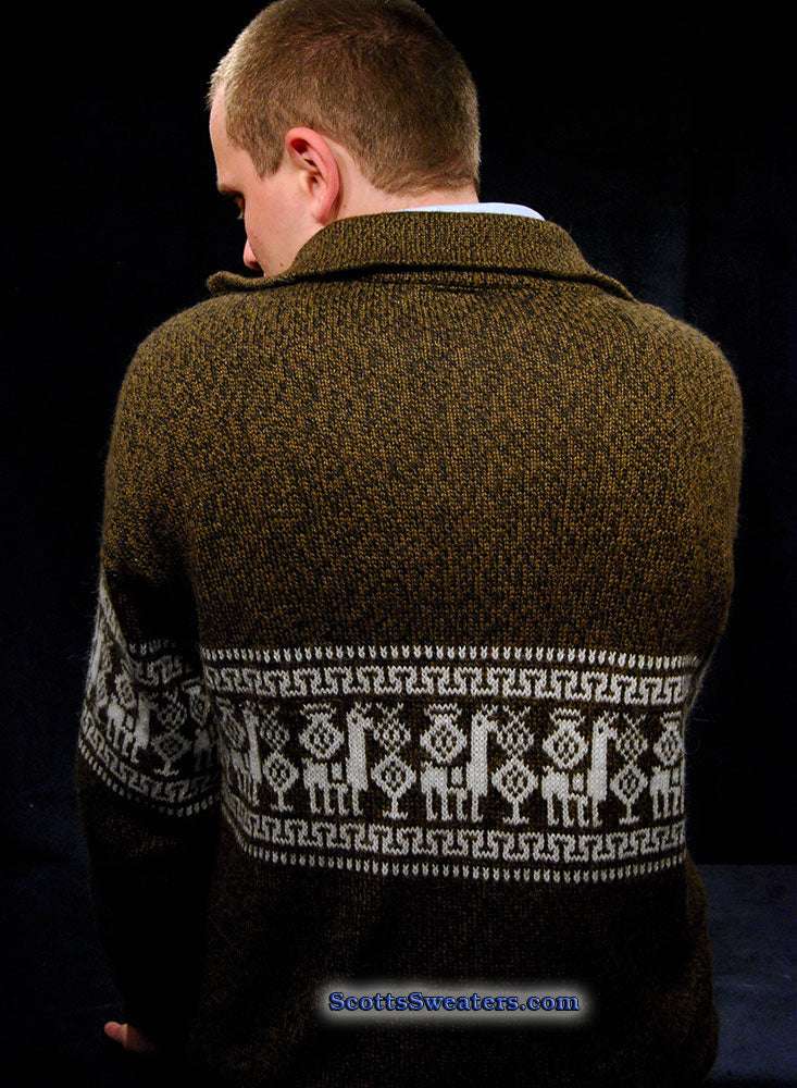 Golden-brown men's alpaca zipper polo-neck sweater with white Aztec design and front hand warmer pocket in medium size