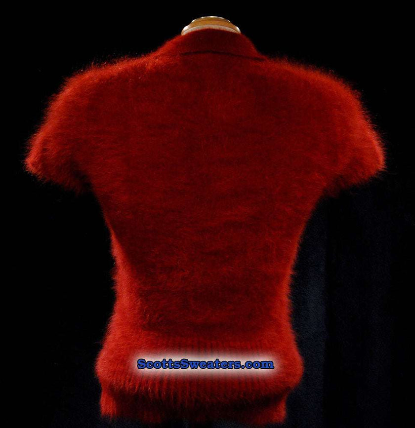Woman wearing a woman's burgundy short-sleeved angora sweater by J.Crew