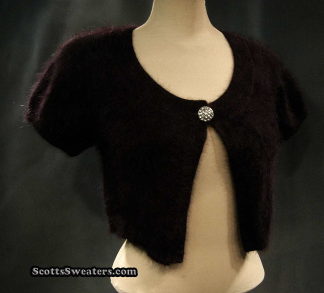 Woman's black angora shrug cardigan sweater with jeweled rhinestone button by Express
