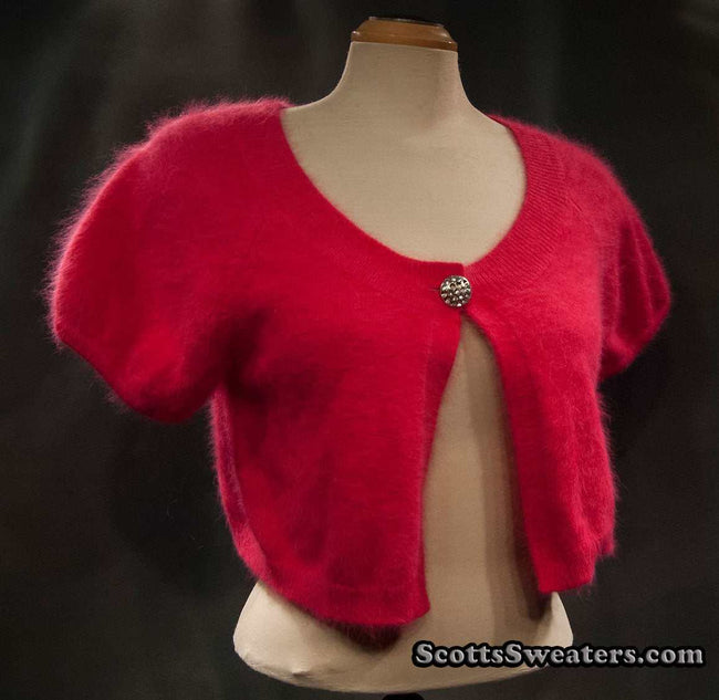 Woman's red angora shrug cardigan sweater with jeweled rhinestone button by Express