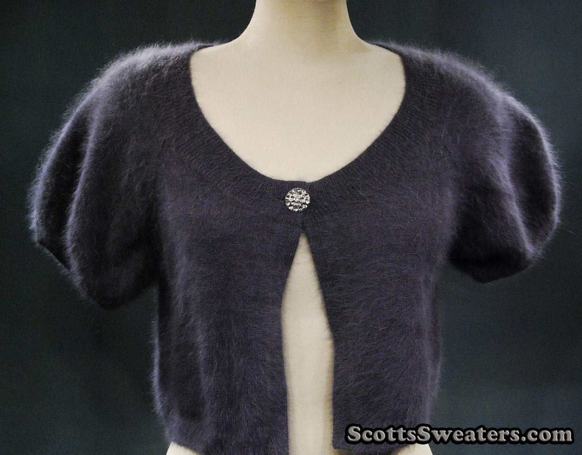 Woman's angora shrug cardigan sweater with jeweled rhinestone button by Express
