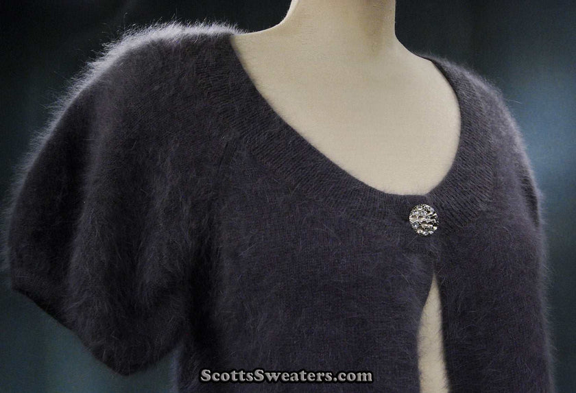 Woman's angora shrug cardigan sweater with jeweled rhinestone button by Express