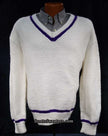 Men's white hand-knit V-neck tennis sweater with purple stripes on neck, waist, and cuffs in size 2XL