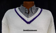 Men's white hand-knit V-neck tennis sweater with purple stripe on neck, waist, and cuffs, size 2XL