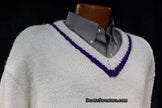 Men's white hand-knit V-neck tennis sweater with purple stripe on neck, waist, and cuffs,size 2XL