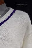 Men's white hand-knit V-neck tennis sweater with purple stripes on neck, waist, and cuffs, size 2XL