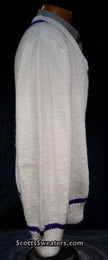 Men's white hand-knit V-neck tennis sweater with purple stripes on neck, waist, and cuffs in size 2XL
