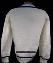 Men's white hand-knit V-neck tennis sweater with purple stripes on neck, waist, and cuffs in size 2XL
