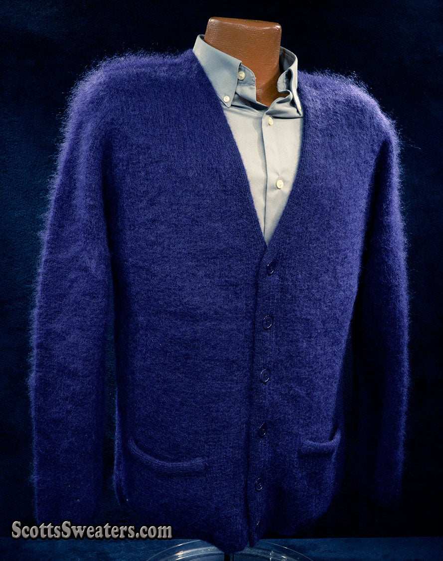 Men's navy blue mohair cardigan sweater with front pockets by Sibling London, textured and contemporary design