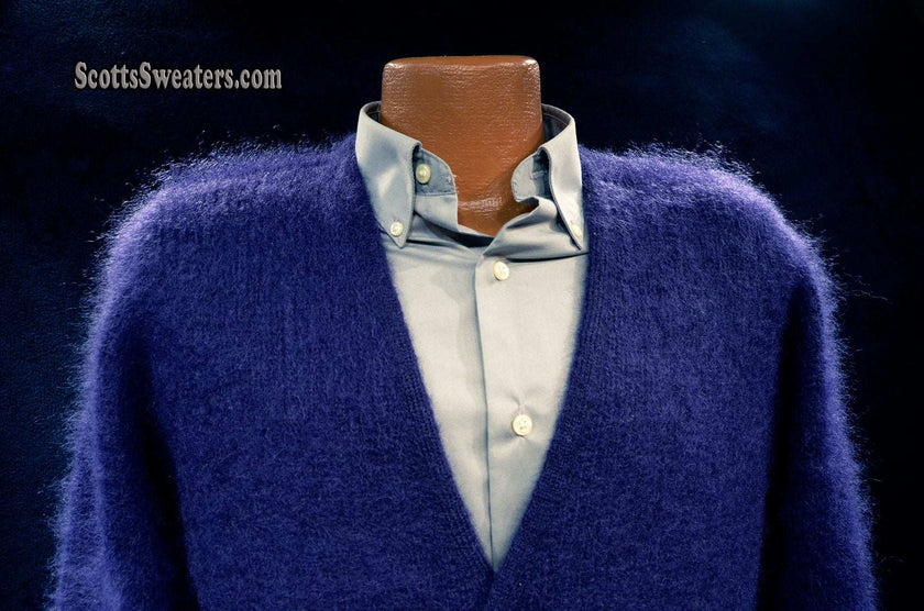 Men's navy blue mohair cardigan sweater by Sibling London with front pockets and rich texture