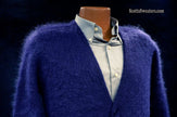 Men's navy blue mohair cardigan sweater with front pockets by Sibling London