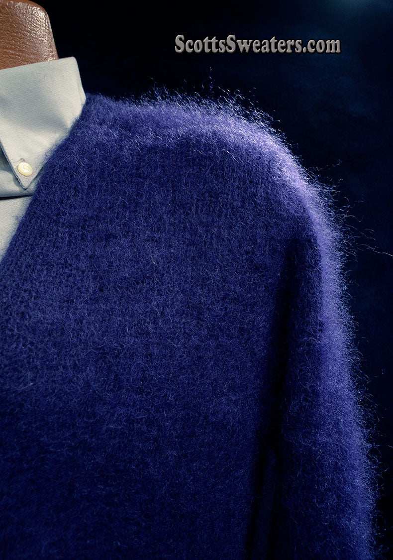 Men's navy blue mohair cardigan sweater with front pockets by Sibling London