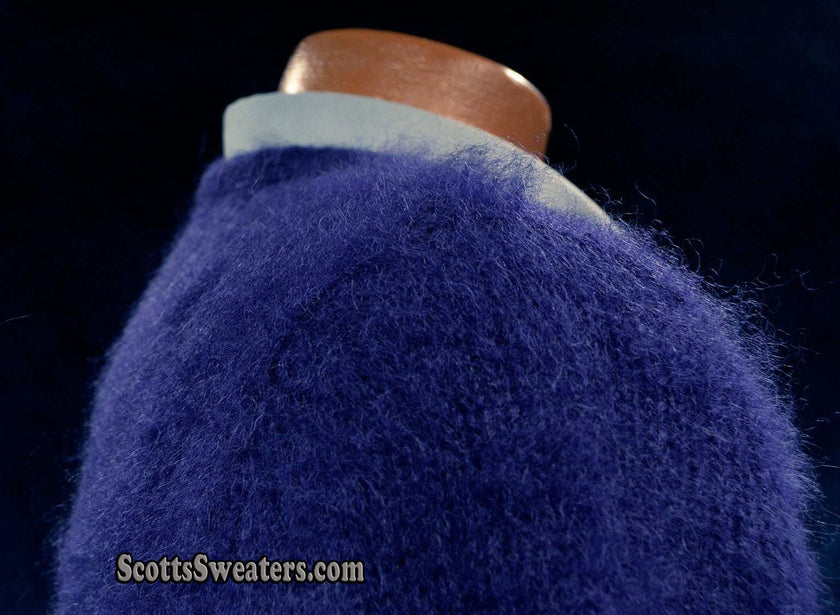 Men's navy blue mohair cardigan sweater with front pockets by Sibling London