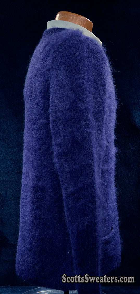Men's navy blue mohair cardigan sweater with front pockets by Sibling London