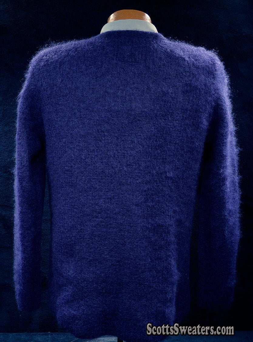 Men's navy blue mohair cardigan sweater by Sibling London with front pockets and rich texture