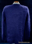 Men's navy blue mohair cardigan sweater by Sibling London with front pockets and rich texture