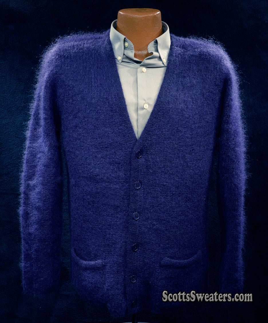Men's navy blue mohair cardigan sweater with front pockets by Sibling London