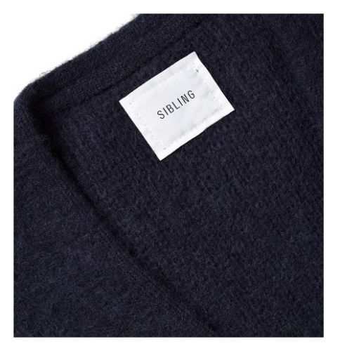 Men's navy blue mohair cardigan sweater with front pockets by Sibling London