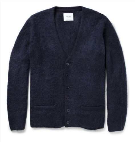 Men's navy blue mohair cardigan sweater by Sibling London with front pockets and rich texture