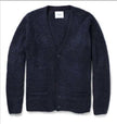 Men's navy blue mohair cardigan sweater by Sibling London with front pockets and rich texture