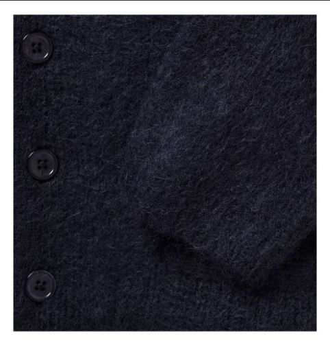 Men's navy blue mohair cardigan sweater with front pockets by Sibling London