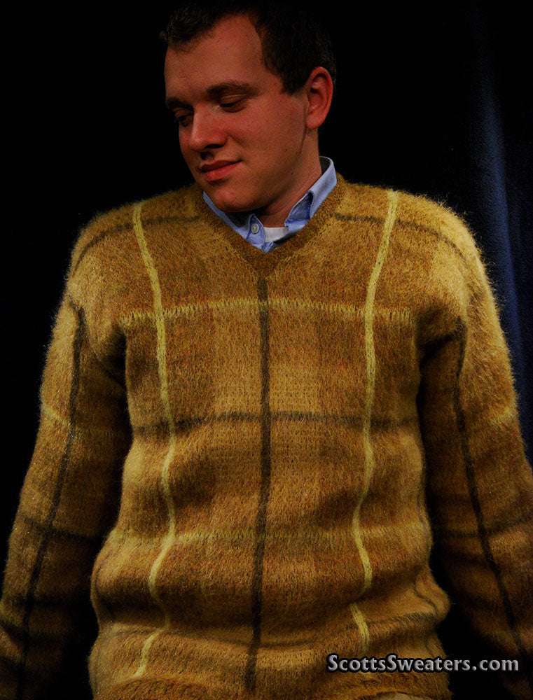 Golden retro shaggy plaid mohair V-neck sweater by Shag-a-Rac Young Breed Revere, size Small/Medium