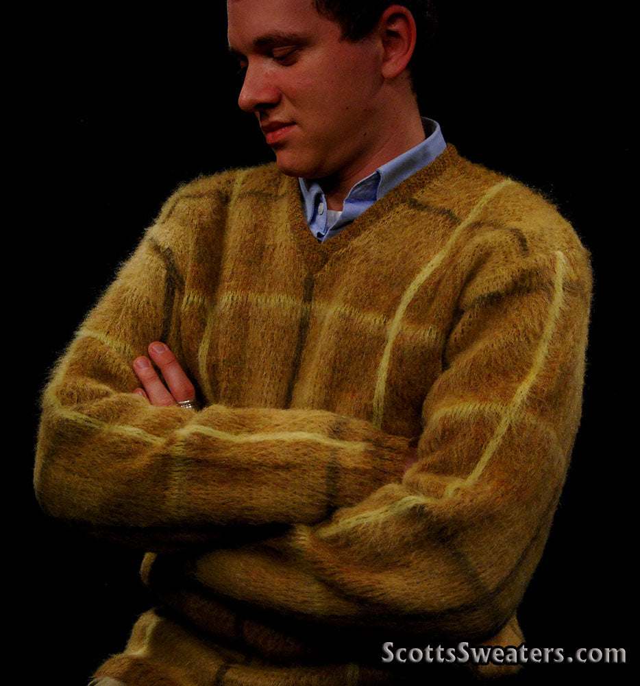 Retro shaggy plaid golden mohair V-neck sweater by Shag-a-Rac Young Breed Revere, small/medium 42-44