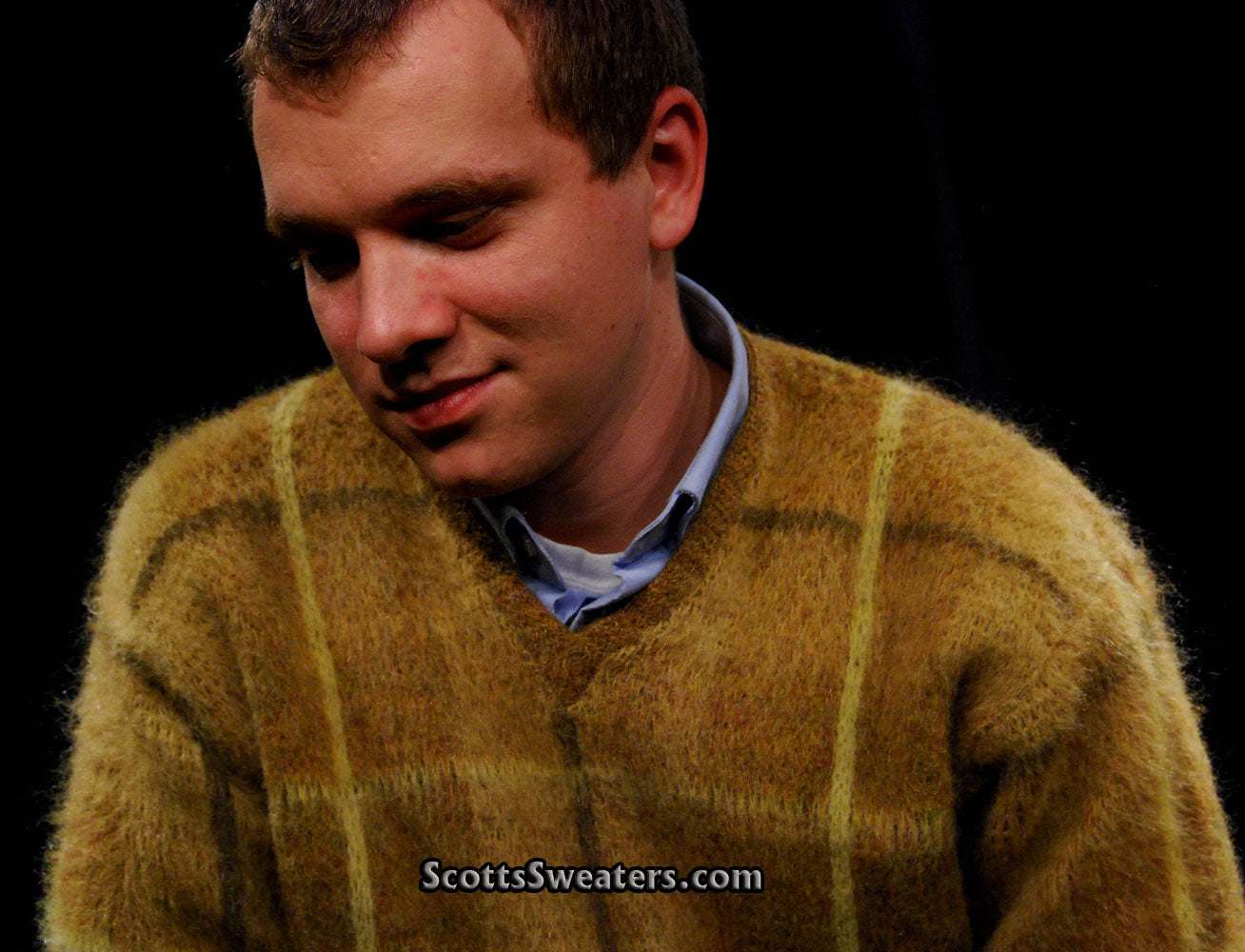 Retro shaggy plaid golden mohair V-neck sweater by Shag-a-Rac Young Breed