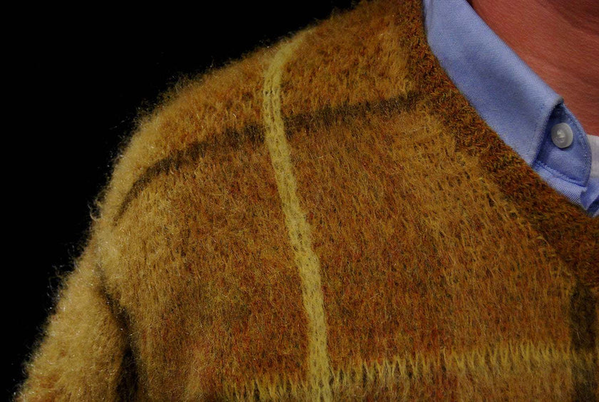 Golden retro shaggy plaid mohair V-neck sweater by Shag-a-Rac Young Breed Revere in small/medium