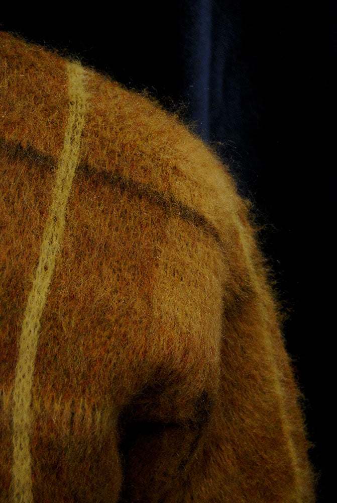 Retro shaggy plaid mohair V-neck sweater by Shag-a-Rac Young Breed Revere in golden tones