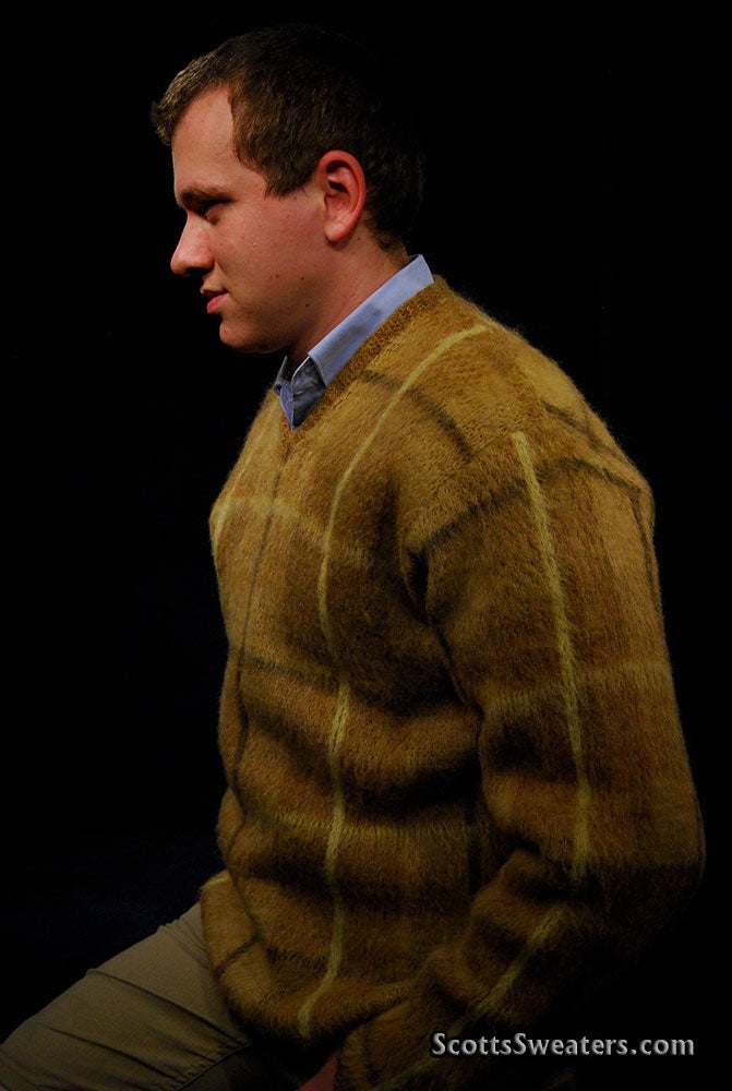 Golden retro shaggy plaid mohair V-neck sweater by Shag-a-Rac Young Breed, size Small/Medium