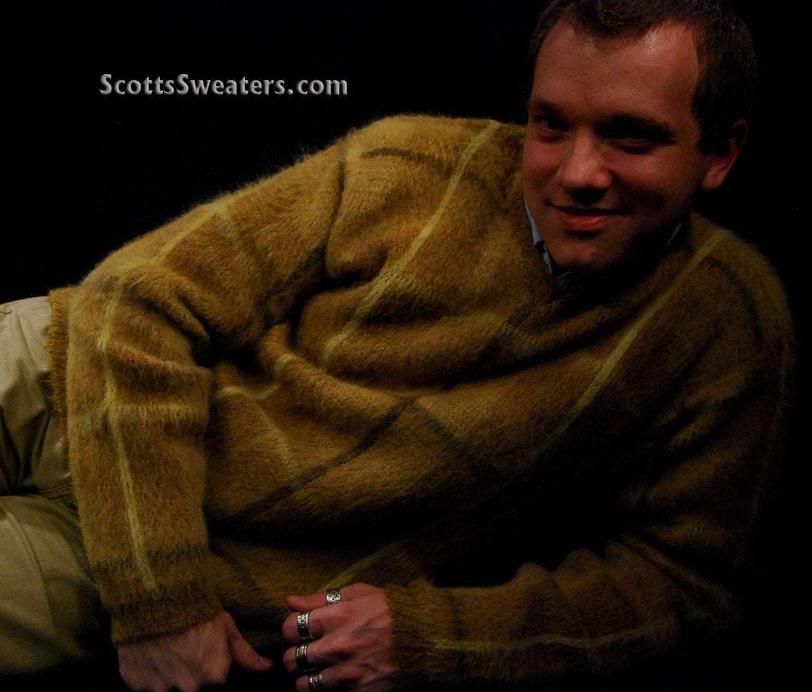 Golden retro shaggy plaid mohair V-neck sweater by Shag-a-Rac Young Breed Revere