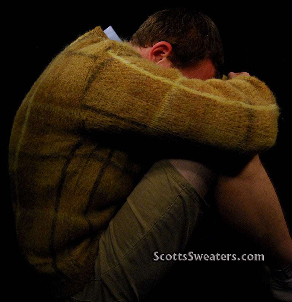 Retro shaggy plaid golden mohair V-neck pullover sweater by Shag-a-Rac Young Breed Revere in small medium size